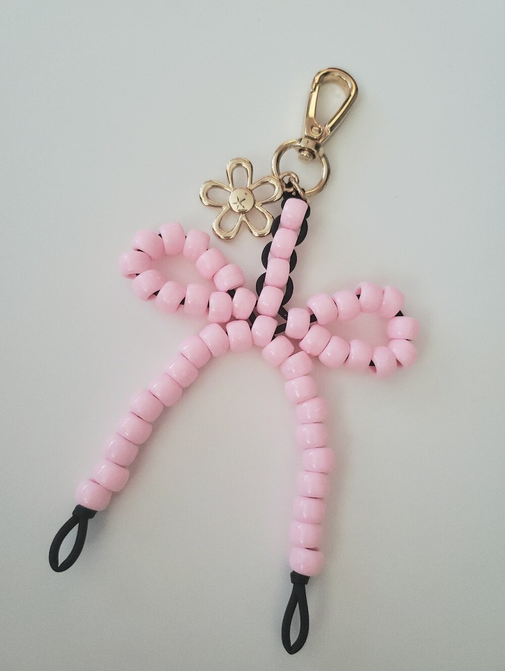 Handmade Beaded Pink Bow Keychain with Gold-tone Daisy Charm